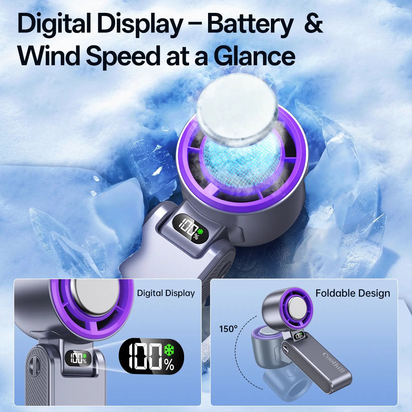 Coolhill Ice Fan Portable Handheld High Speed Fan 199 Adjustable Levels Foldable for Summer Travel Vacation Essentials& Outdoor Activities Cool Fan